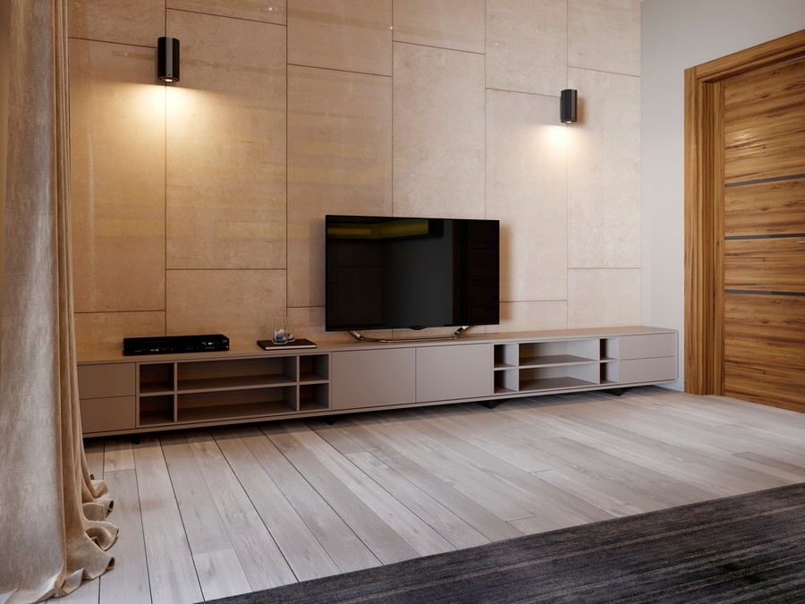 Modern, custom-made bookcase TV unit featuring large, wooden shelves in a light color, designed for contemporary spaces.  