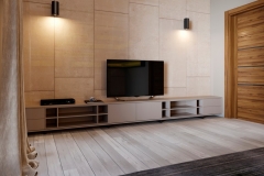 Modern, custom-made bookcase TV unit featuring large, wooden shelves in a light color, designed for contemporary spaces.  