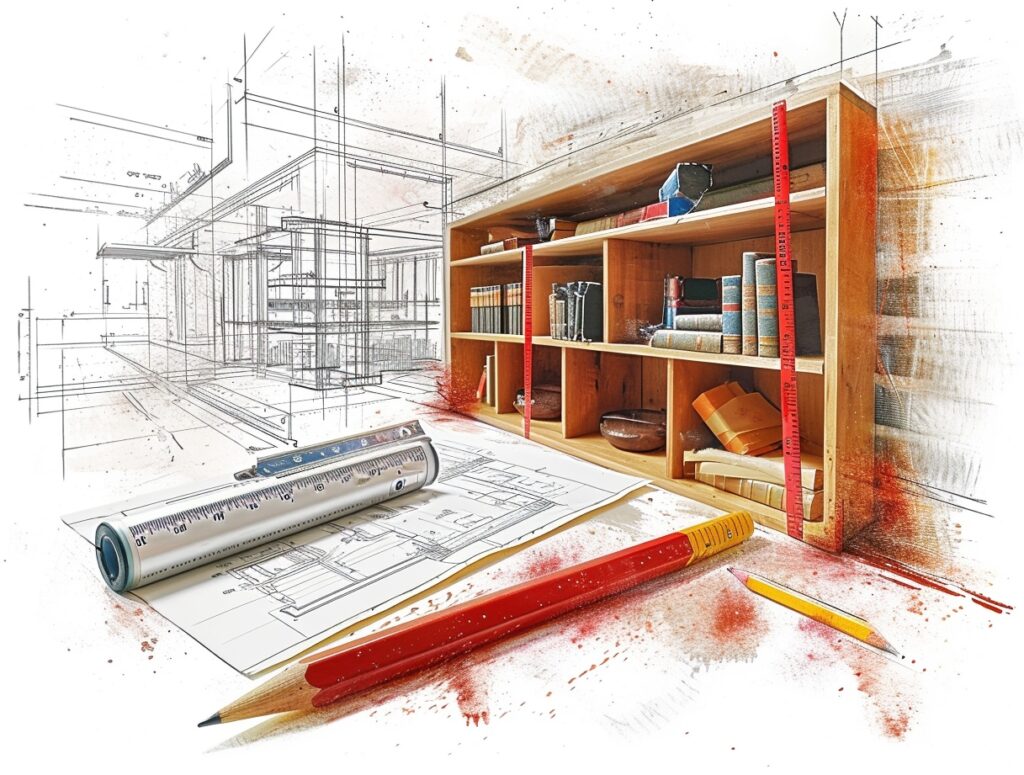 creative woodwork draft with a big pencil in front and bookshelves