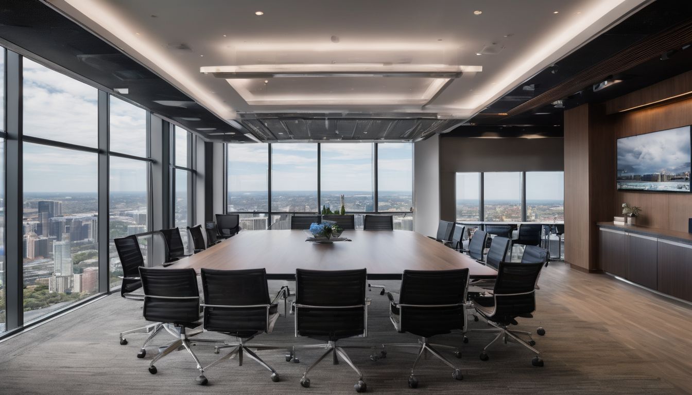 a spacious office in a skyscraper with a big custom conference table in the center and panoramic full-height windows