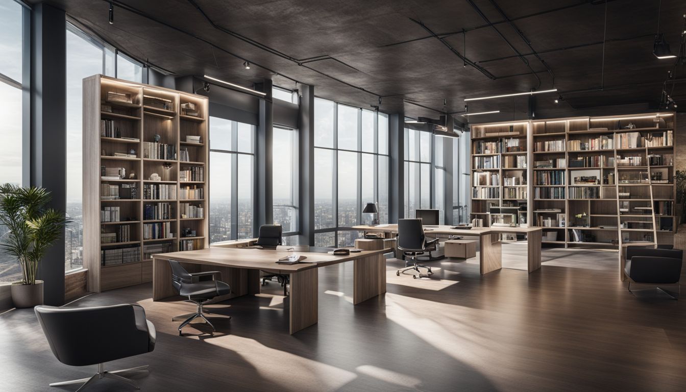 a large office with full-height wall windows and a high view and luxury custom bookcases