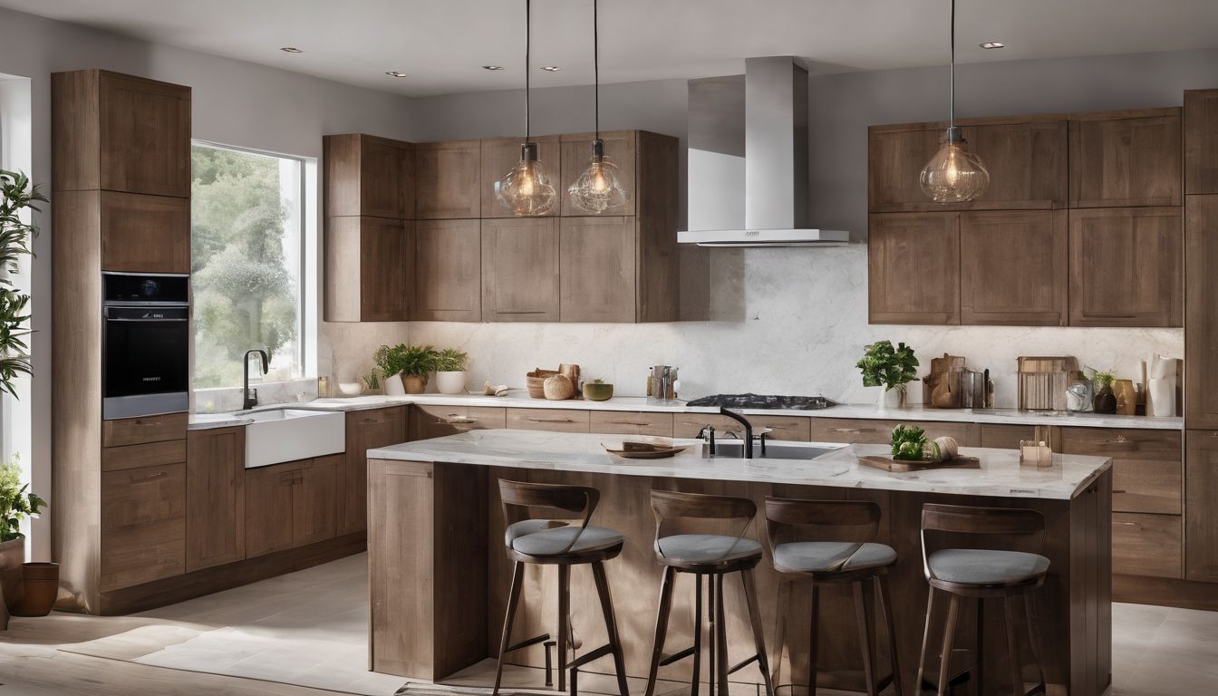 A large kitchen with custom wooden cabinets of dark wood color