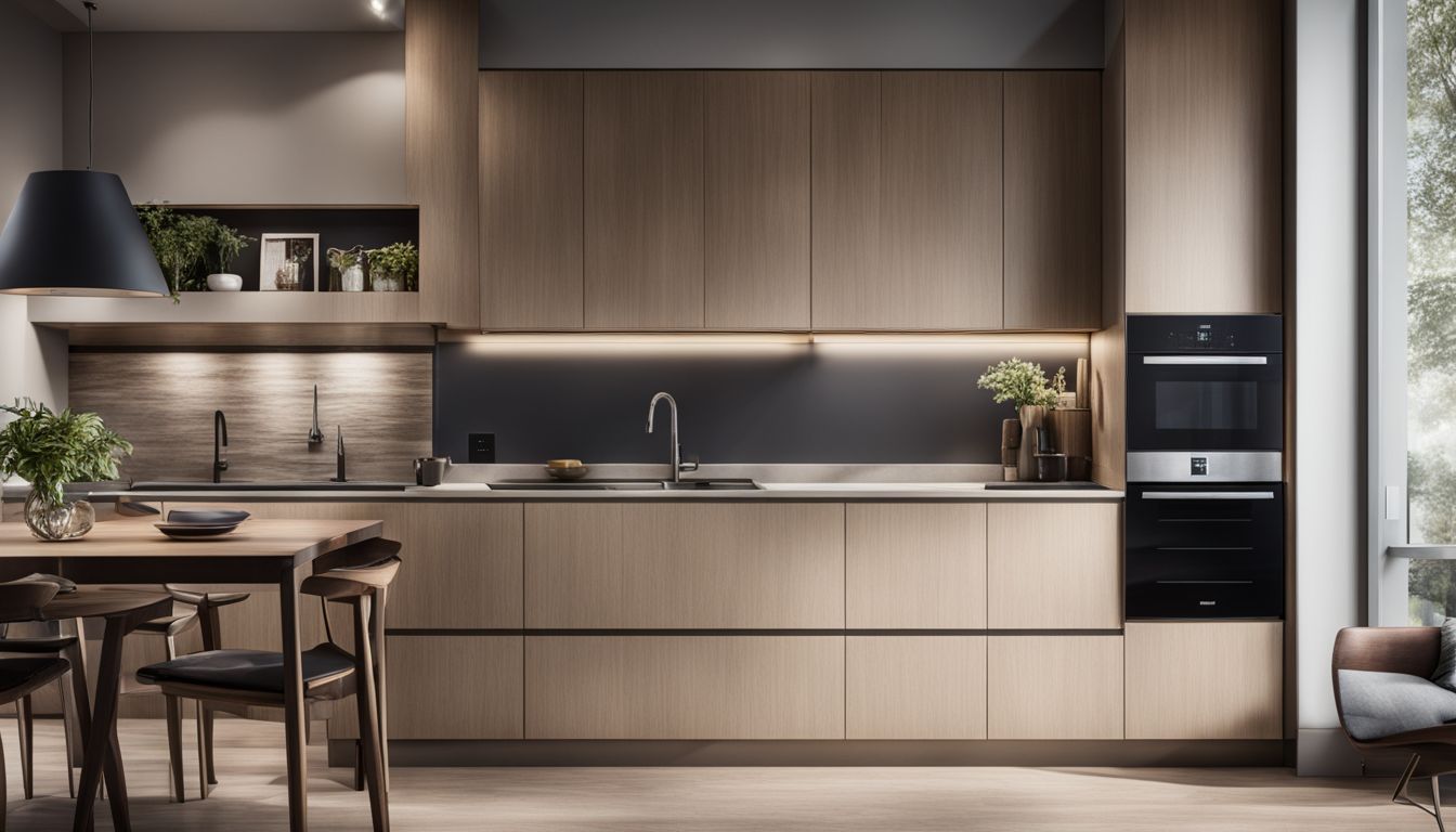 A modern kitchen with large wooden cabinets