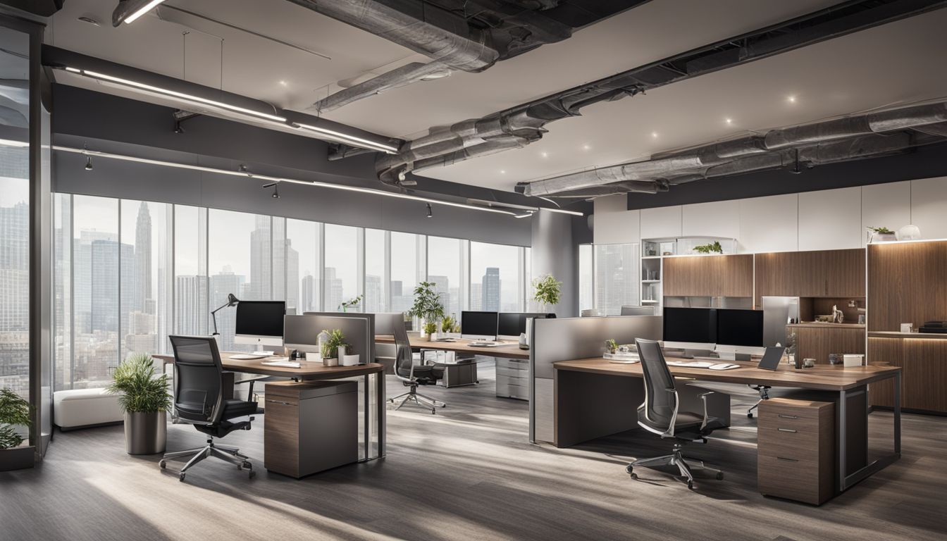 A modern office with custom furniture, high ceilings and panoramic windows