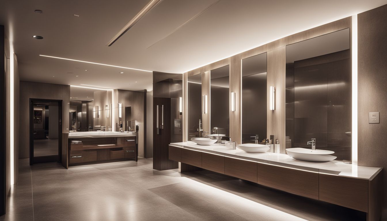 Luxurious bathroom with a large 3-sink vanity and large mirrors