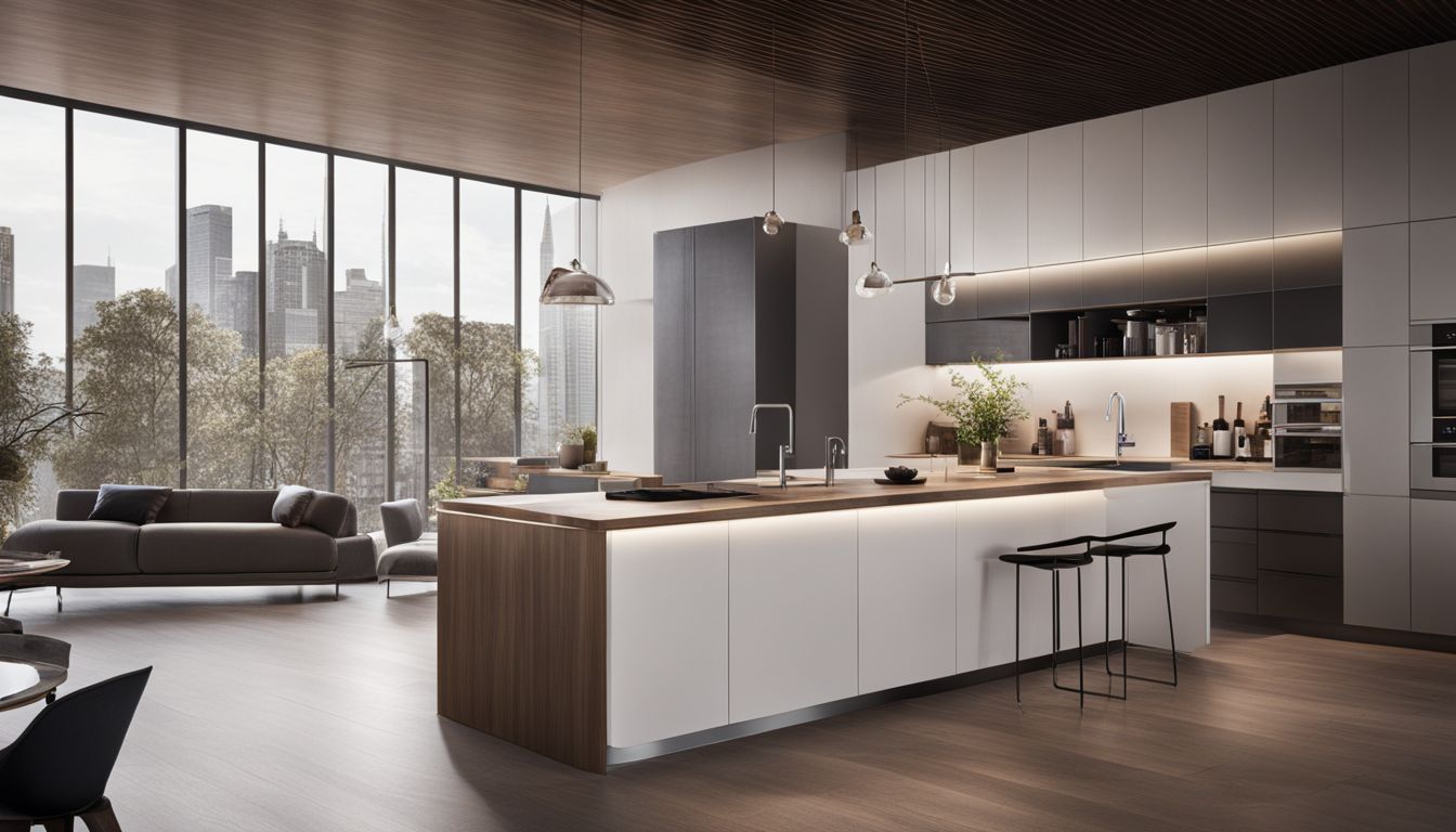A large kitchen in a skyscraper with custom cabinets and a nice view from the windows