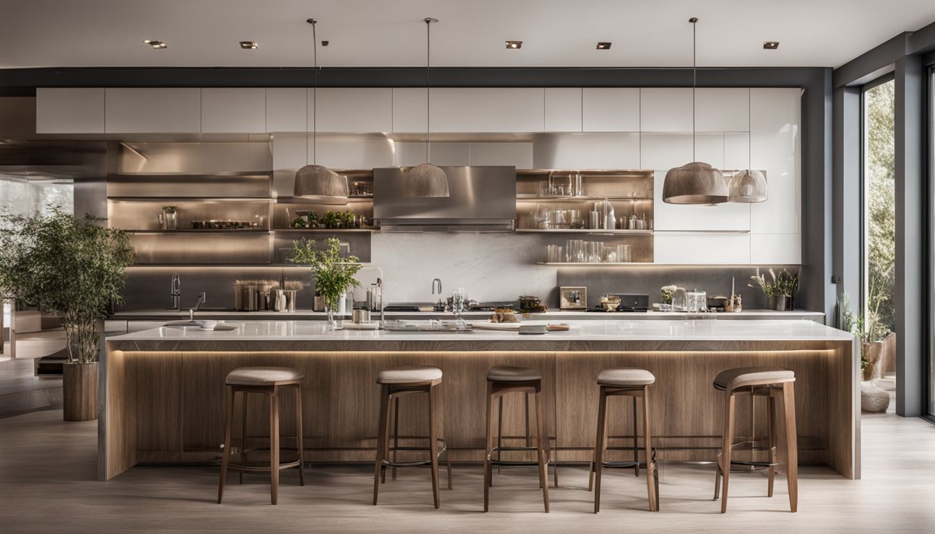 A modern kitchen with a long countertop and bar stools