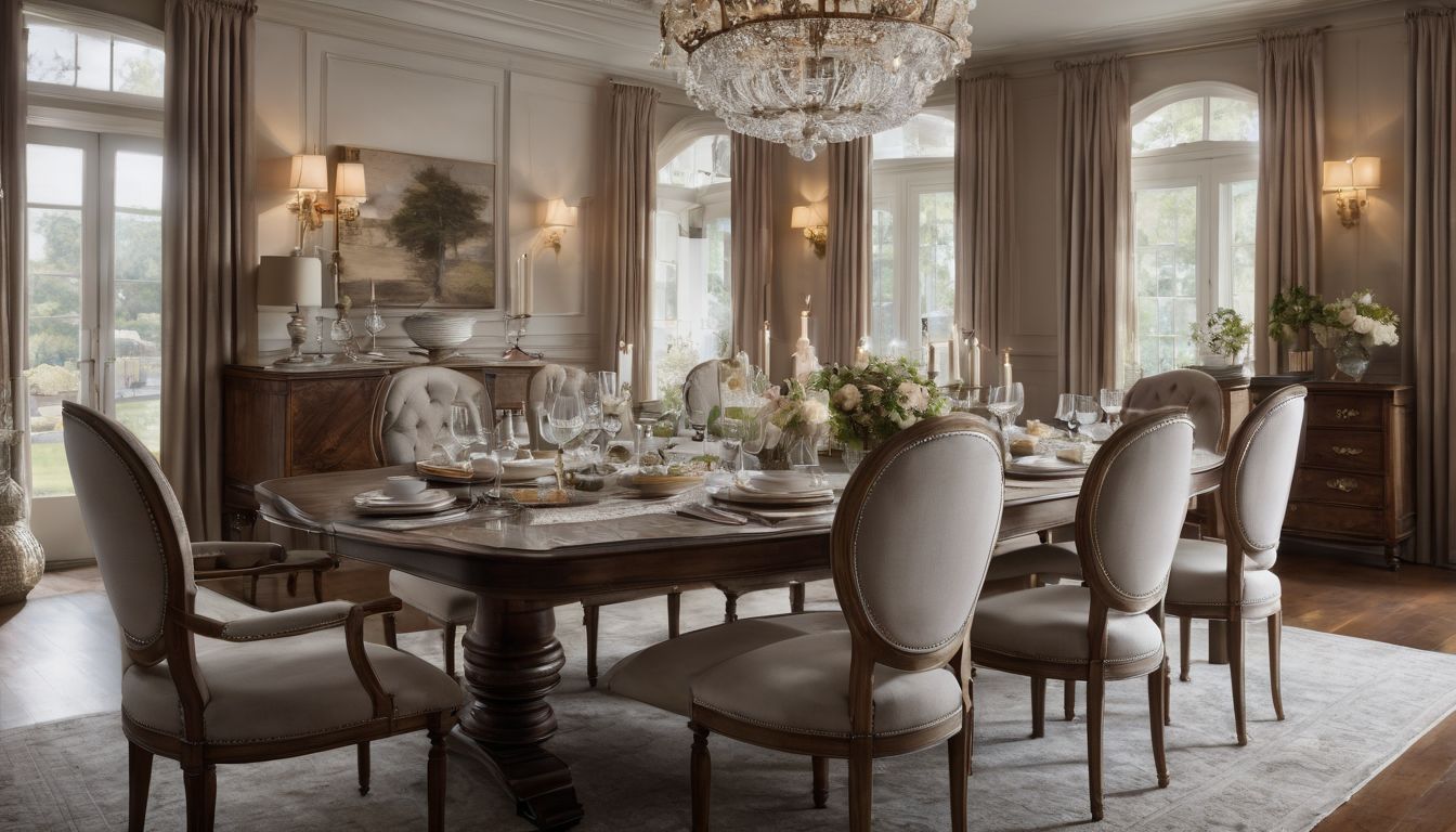 A large luxury dining room with custom furniture and large windows