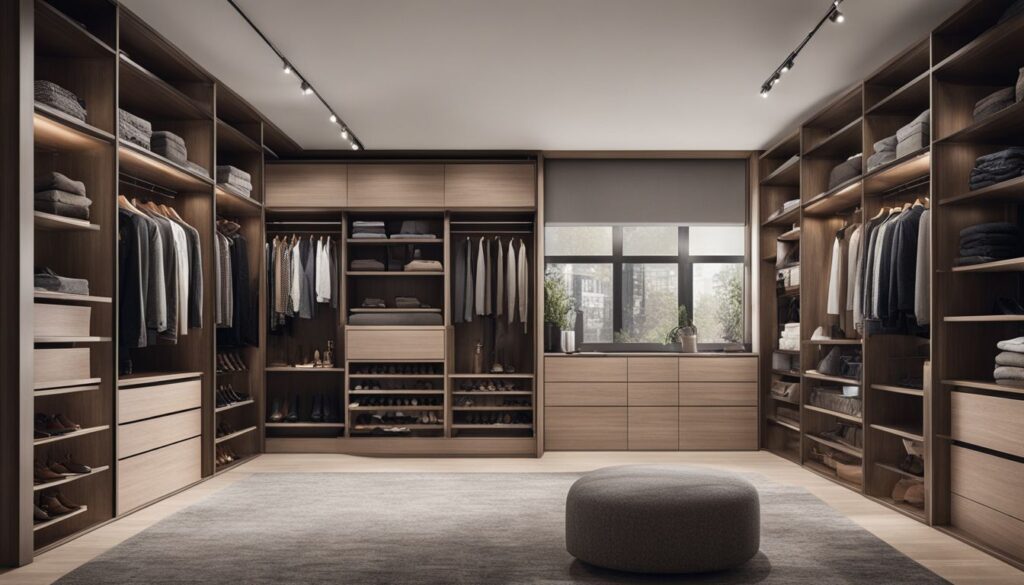 A modern modular closet system with a variety of organized clothing and accessories
