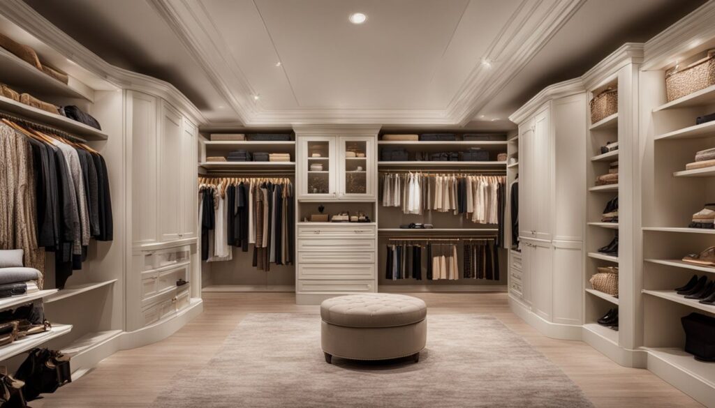 A spacious walk-in closet with organized cabinets and elegant clothing and accessories