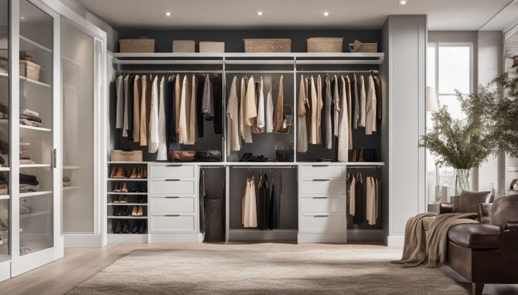 A well-organized walk-in closet filled with a variety of clothing and accessories