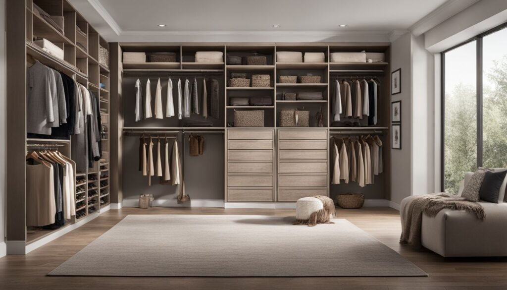A well-organized walk-in closet with premade closet cabinets showcasing efficient storage solutions and a variety of outfits