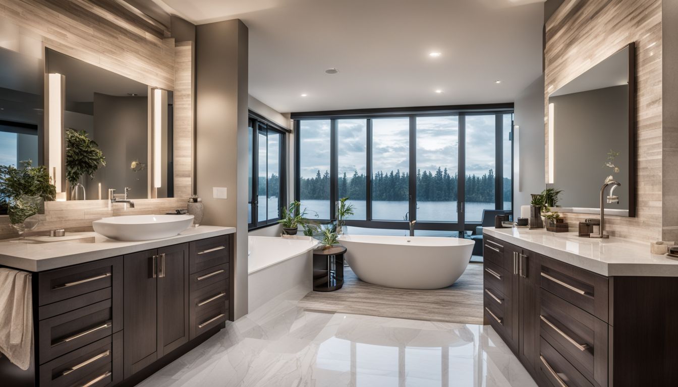 Luxurious bathroom wit a large window and a big wooden vanity