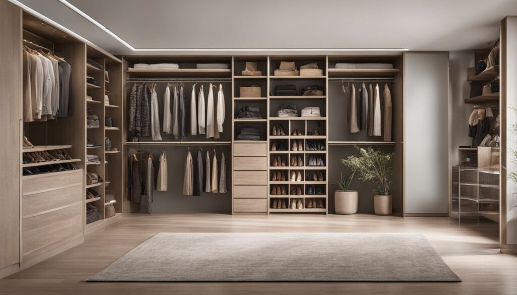 A well-organized closet system with adjustable shelves and sturdy construction, featuring diverse wardrobe options