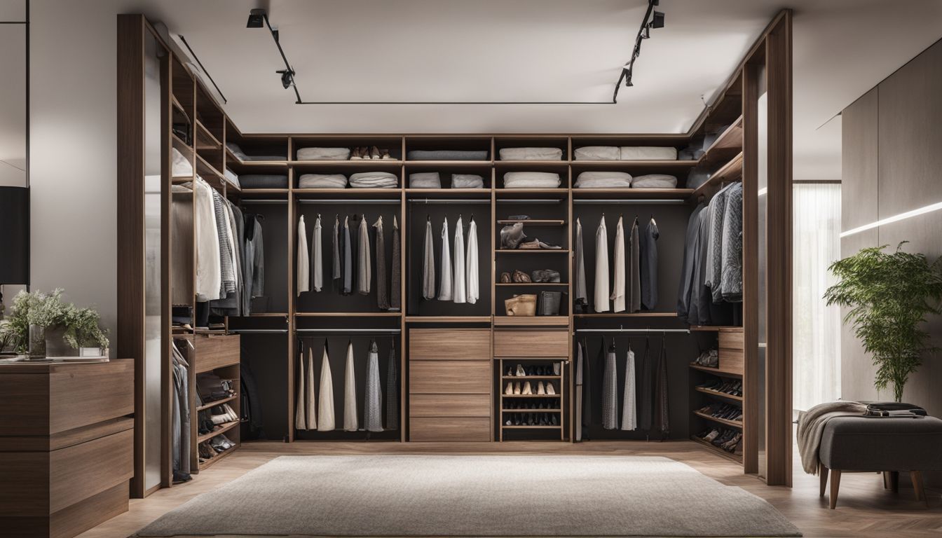 A modern, spacious modular closet system in a well-lit open home