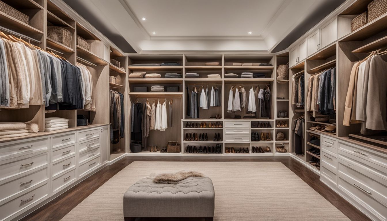 A modern, spacious modular closet system in a well-lit open home