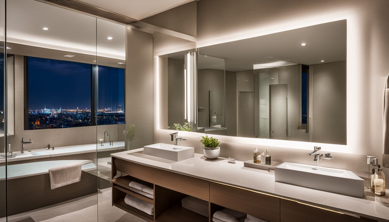 a luxurious bathroom in a skyscraper with a double-sink vanity and a large window