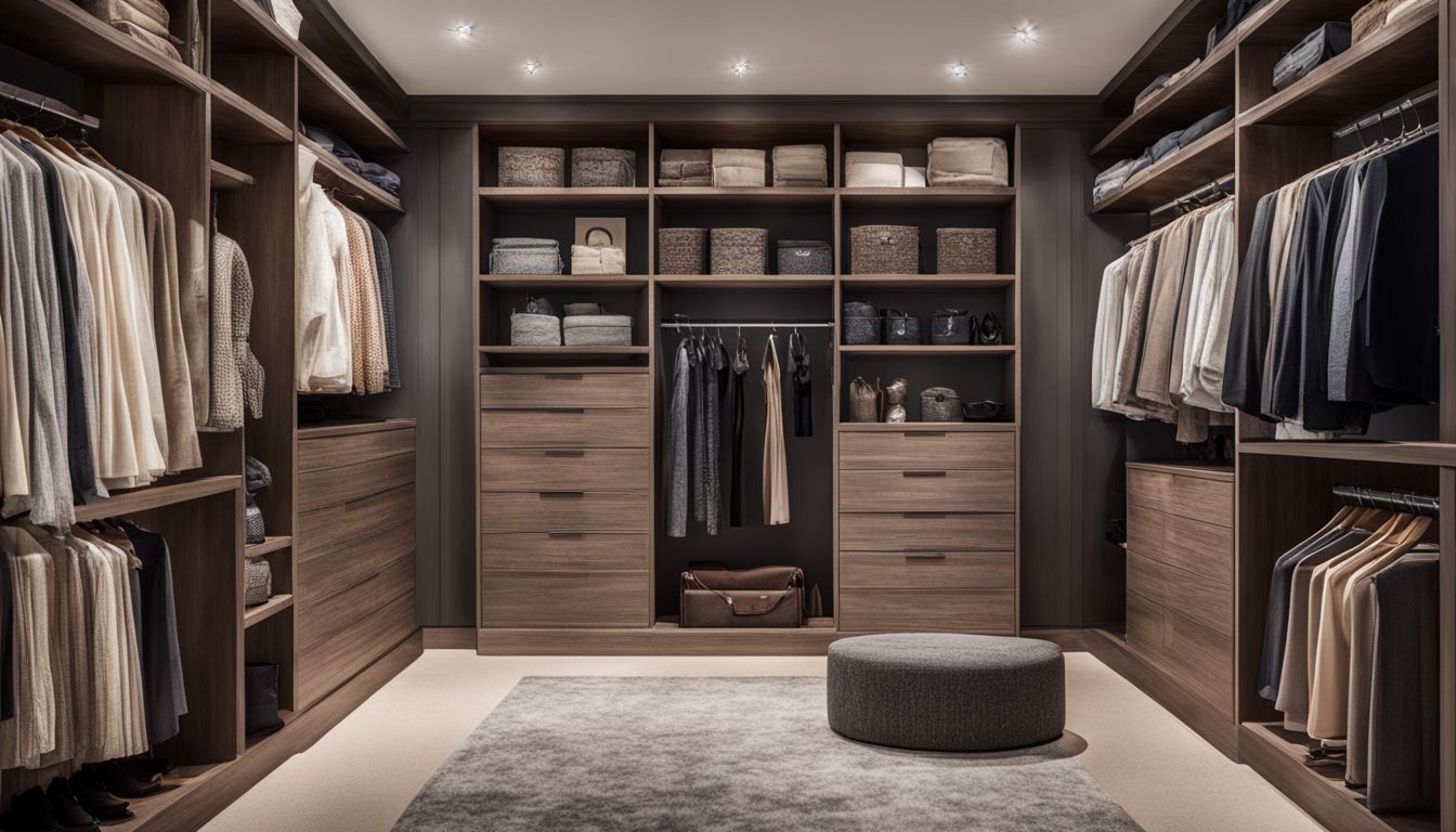 A well-organized walk-in closet with neatly arranged clothing and accessories