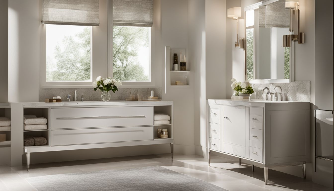 a large cozy bathroom in white color with white custom cabinets