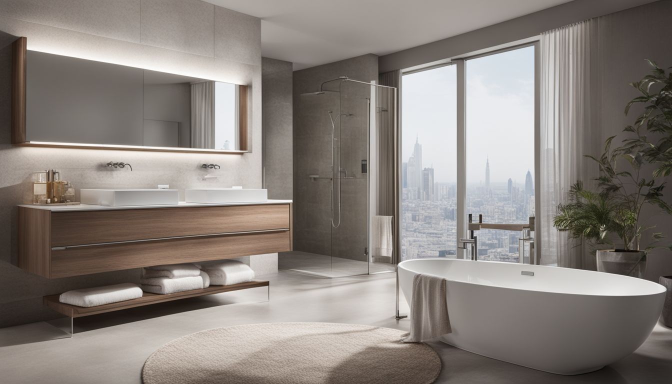 a spacious bathroom with a double-sink vanity, posh bathtube in the middle and a full-height large window