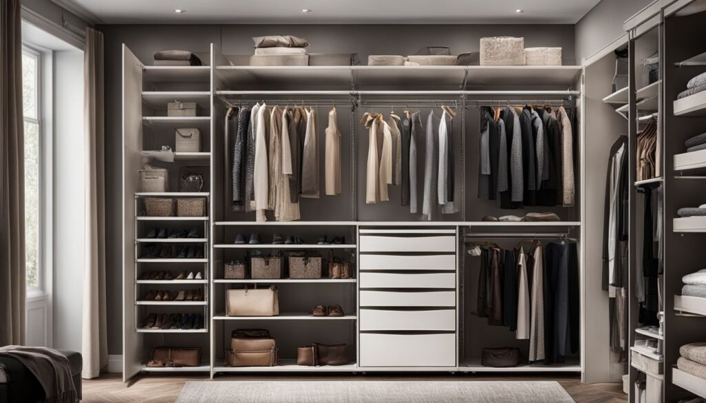 A well-organized modular closet system with adjustable shelves and rolling garment racks