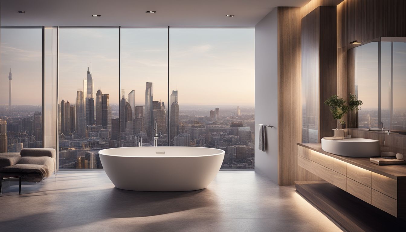 a huge luxurious bathroom in a skyscraper with big cabinets and a glass wall