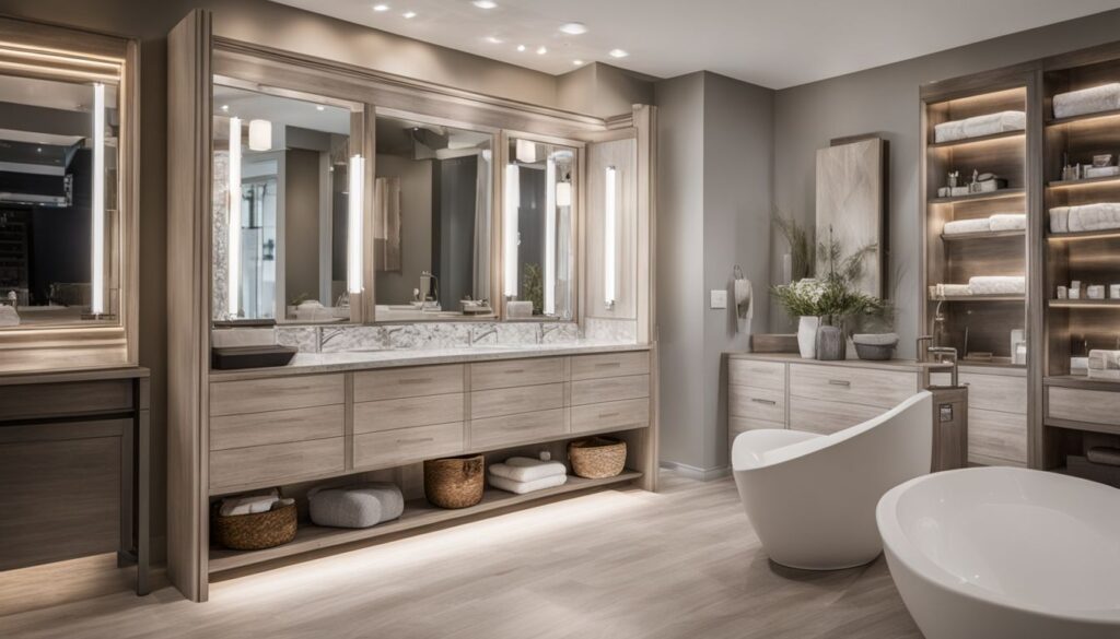 a luxurious bathroom with a lot of space and a big wooden vanity