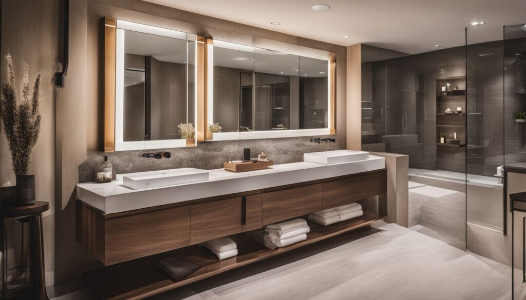 double-sink custom vanity in a luxurious wooden decorated bathroom