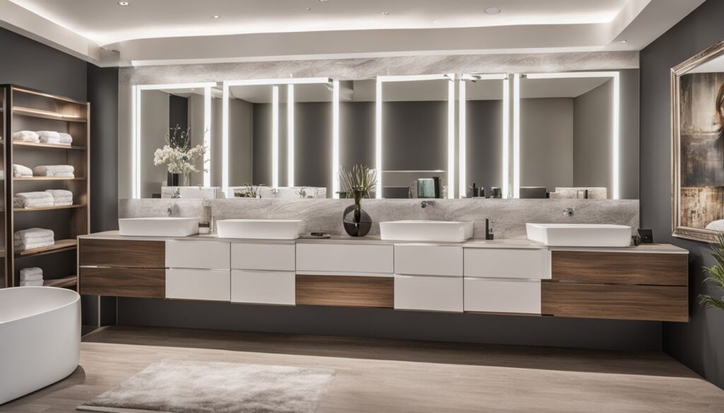 large bathroom with 4-sink vanity and led-lit mirror