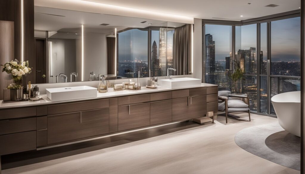 modern bathroom in a skyscraper with a big vanity and breathtaking view
