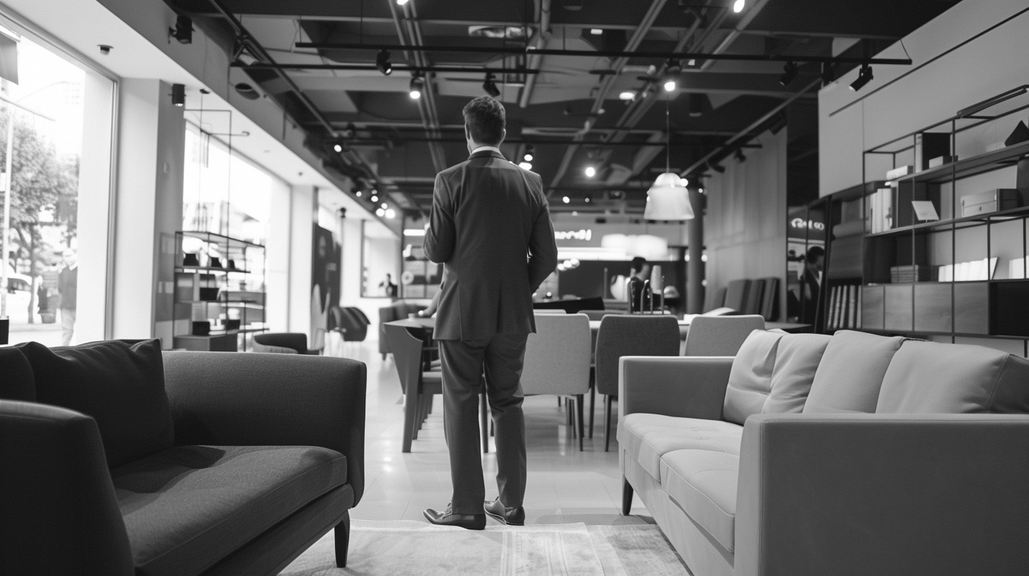 A business owner is carefully inspecting quality furniture samples in a modern showroom