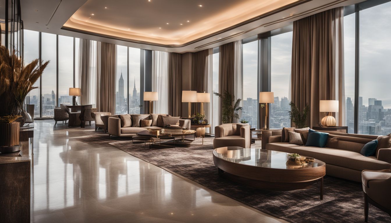A luxurious hotel lobby with custom furniture and a bustling atmosphere