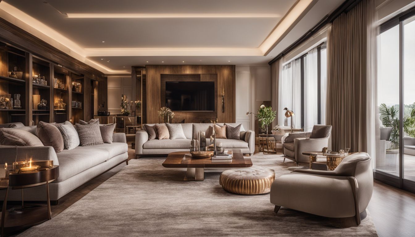 A luxurious living room with custom-made furniture and elegant woodworks