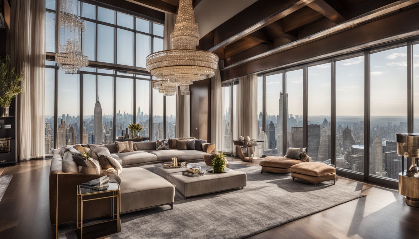 A luxurious penthouse interior with high-end furniture and a bustling atmosphere