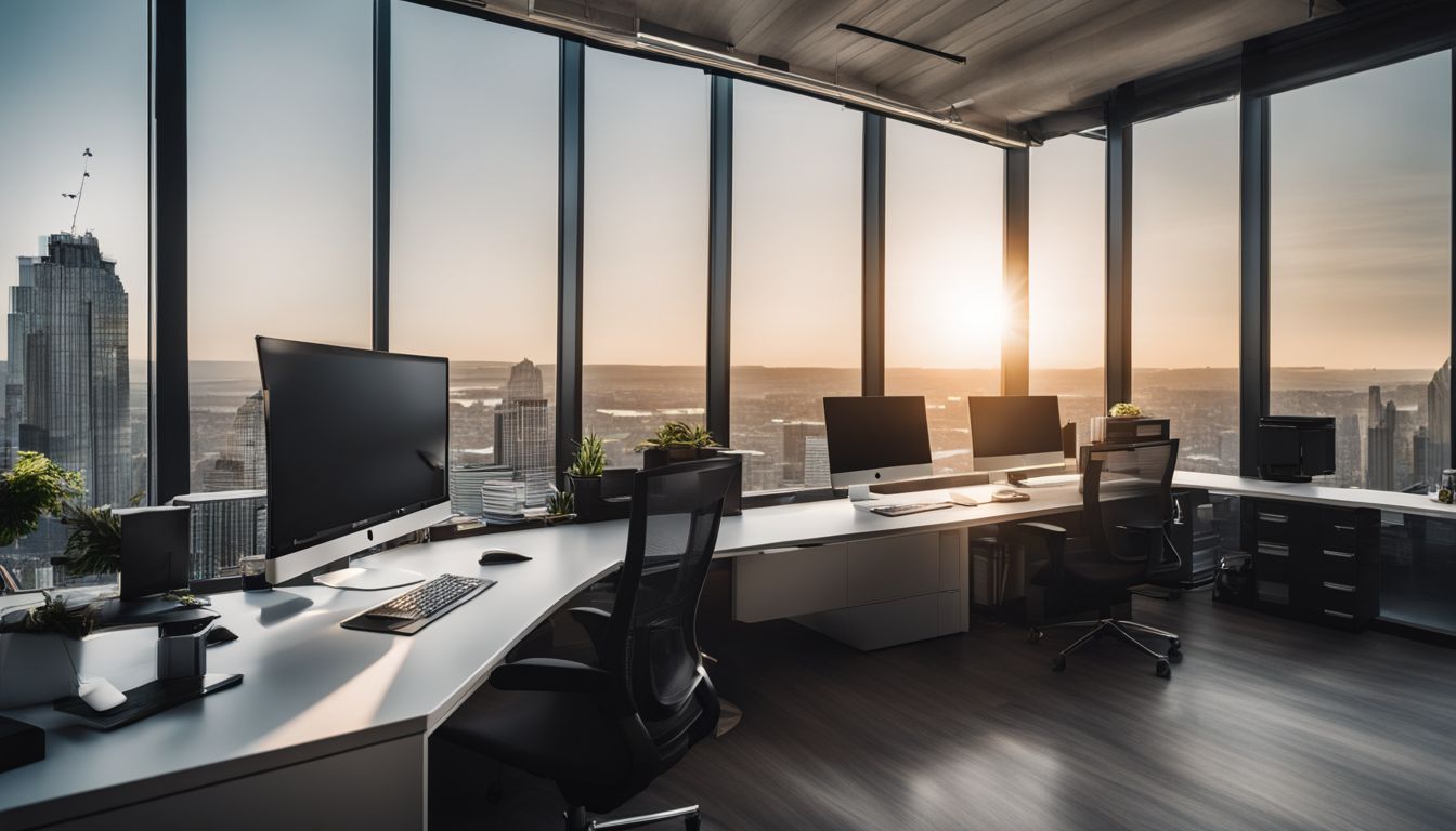 A modern bustling office workspace with sleek furniture