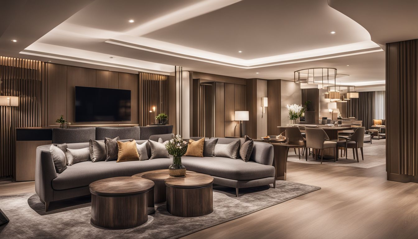 A photo of a luxurious hotel suite with modern furniture and a bustling atmosphere