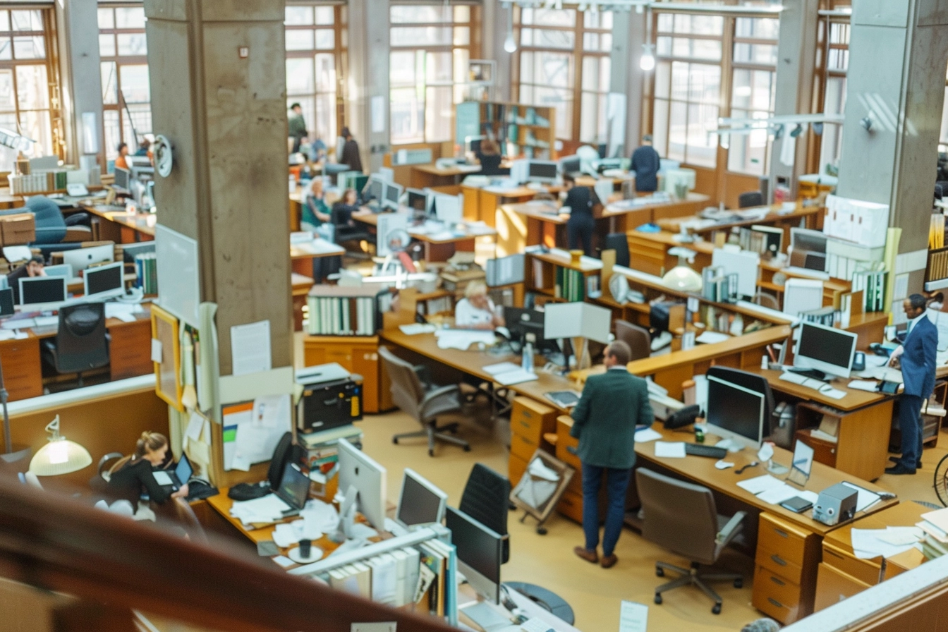 A photo of a well furnished large office with many working diverse people on their places