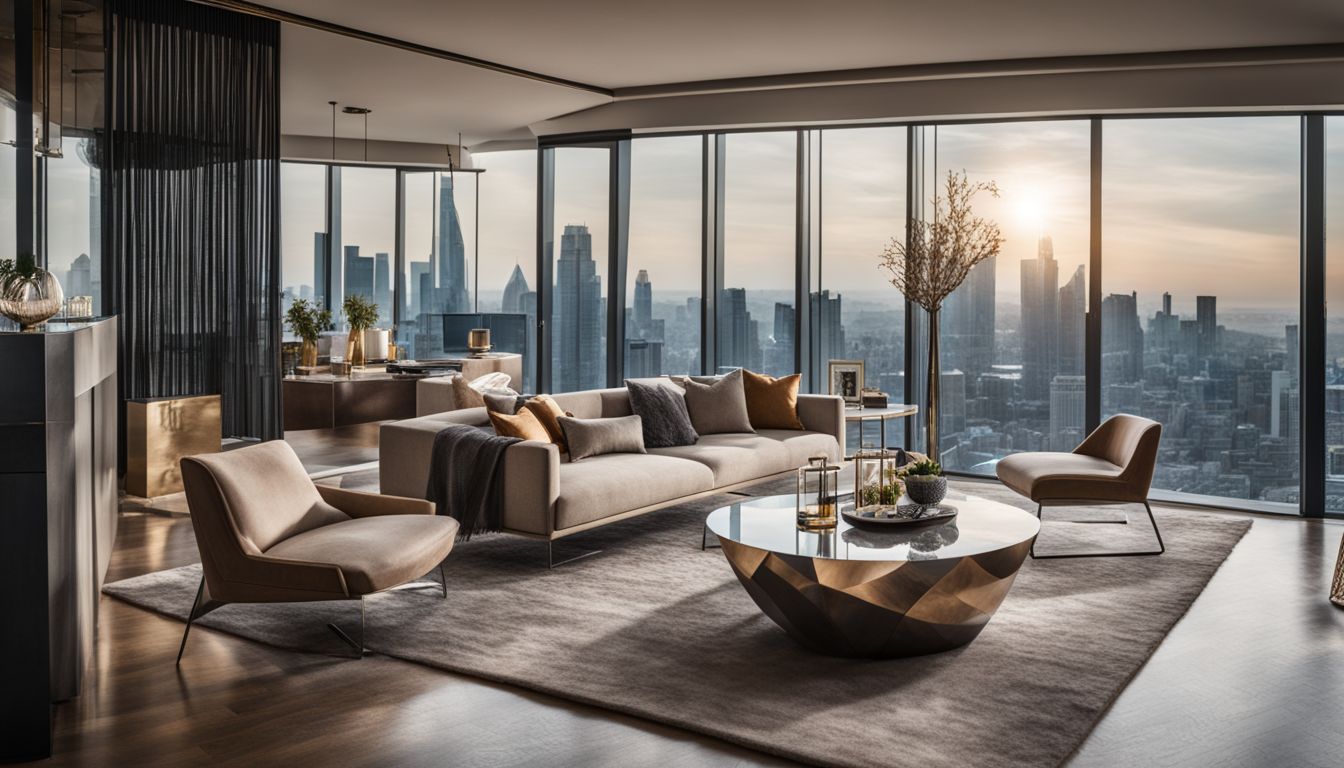 An upscale living room with modern furniture and a stunning city view