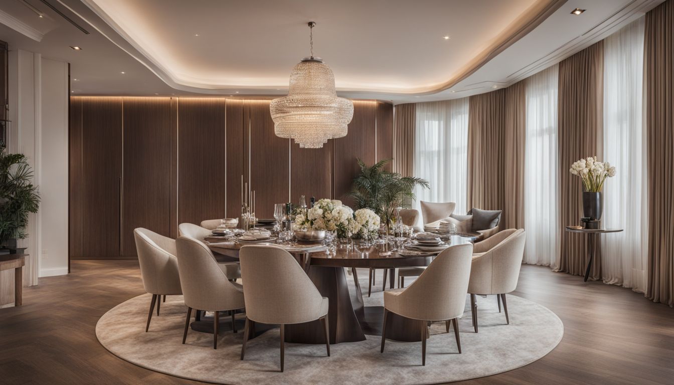 A luxurious, custom-made dining table and chairs in a vibrant penthouse setting