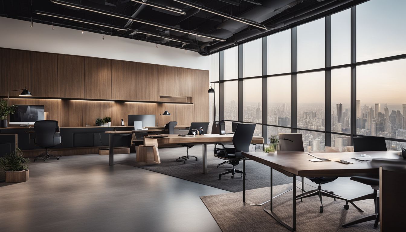 A large office with custom wooden furniture and a breathtaking view in full-height windows