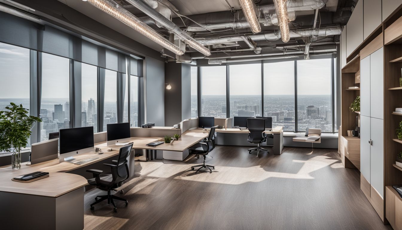 A stylishly designed office space in a skyscraper with panoramic windows