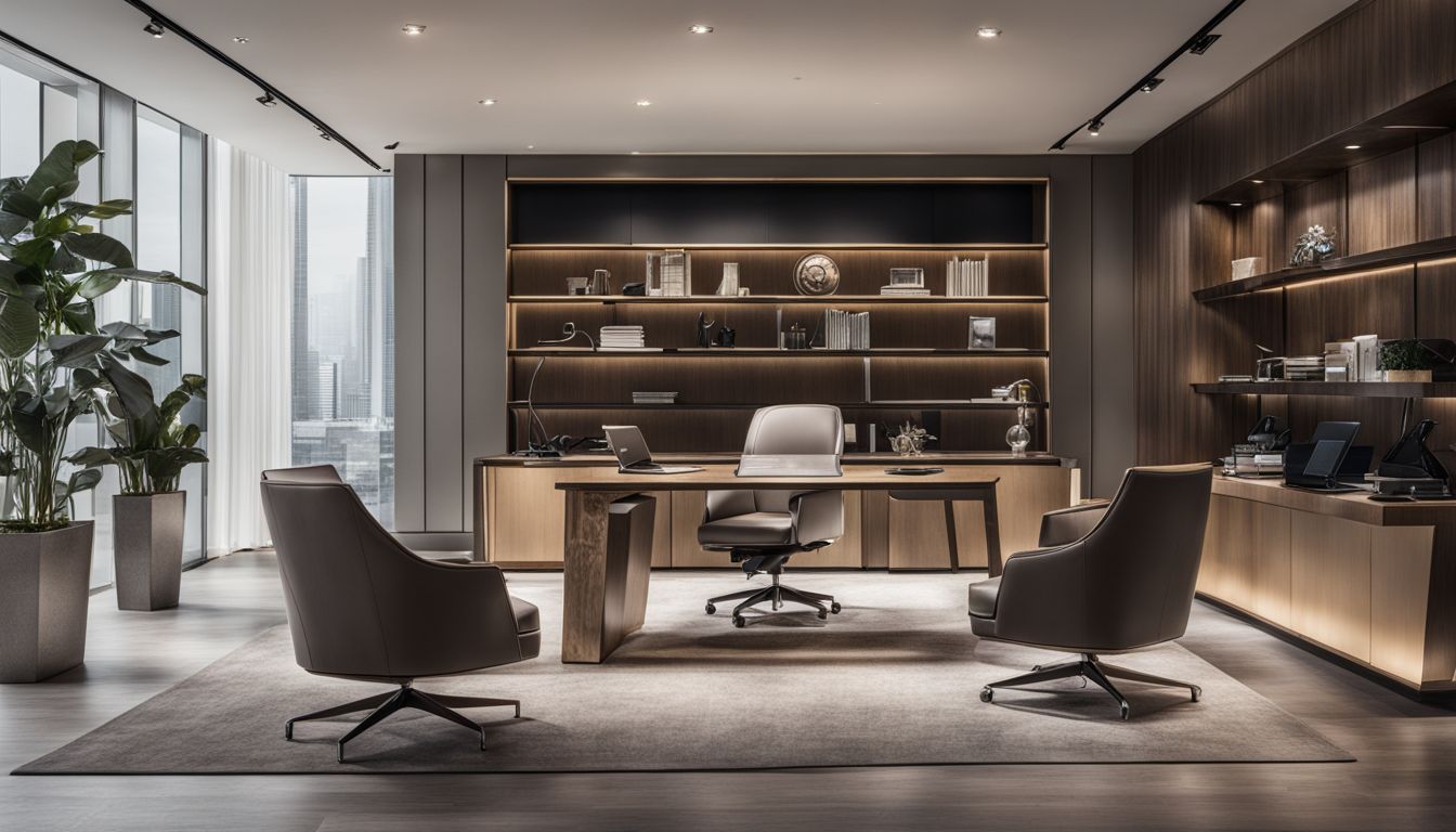Showroom displaying modern luxury office furniture in a bustling atmosphere with a variety of styles