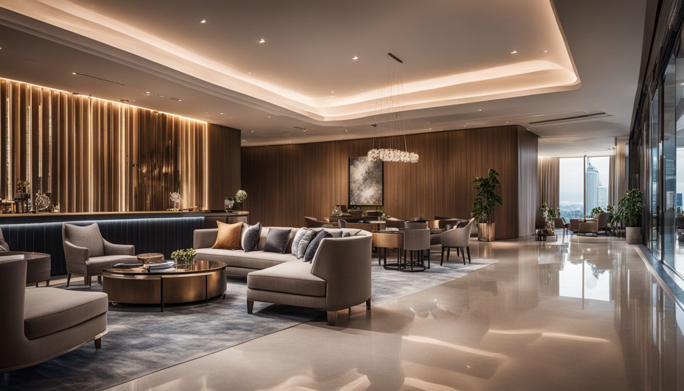 A stylish hotel lobby with guests, capturing the bustling atmosphere and welcoming decor