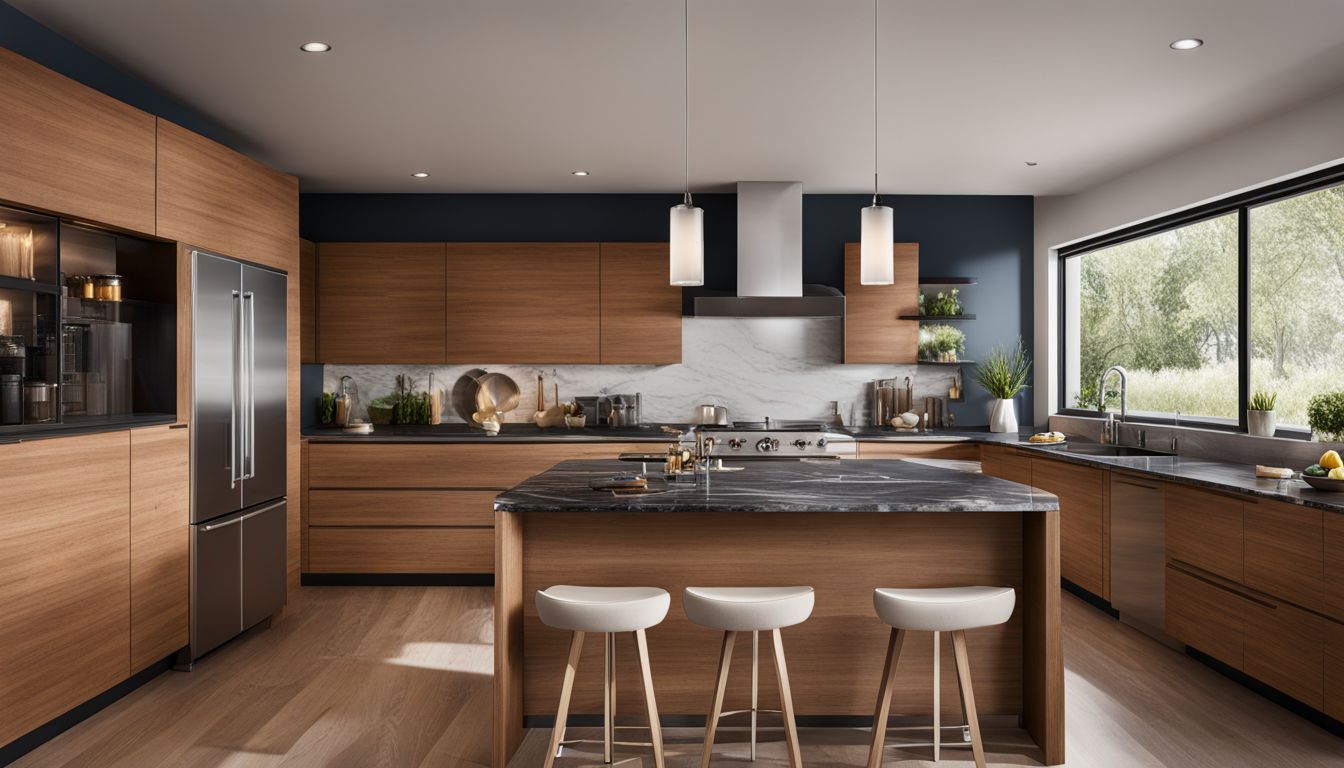 a large modern kitchen in wood colors with a kitchen island and bar stools