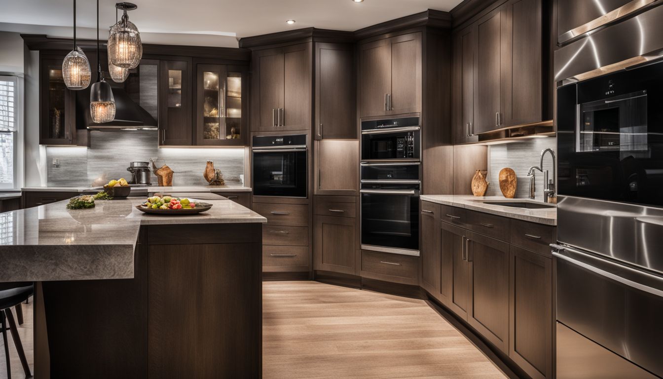 a large wooden kitchen with modern custom cabinets in dark wood colors