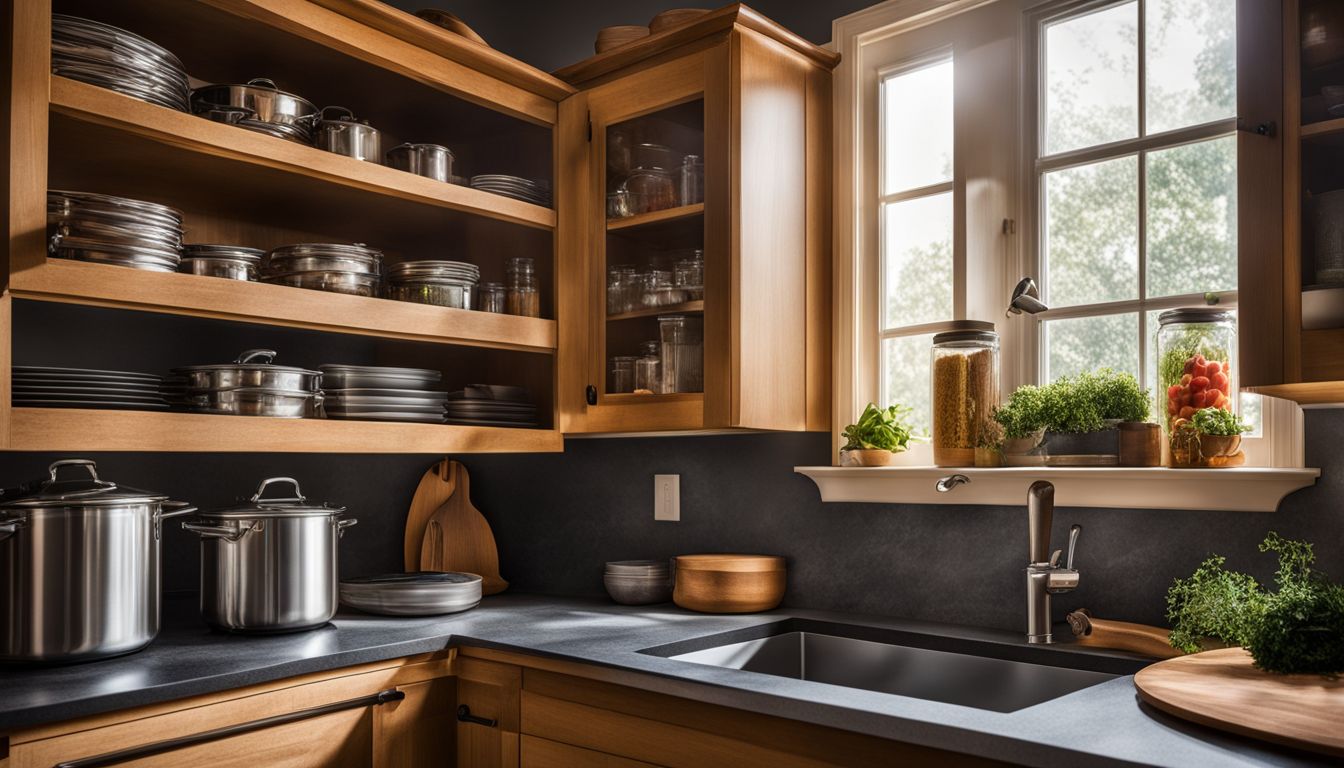 solid wood kitchen storage cabinets with jars in them