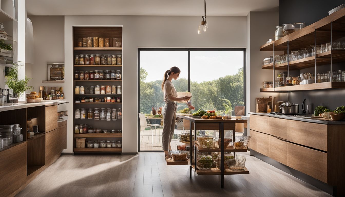 a woman inspecting her pantry stock in her kitchen cabinets