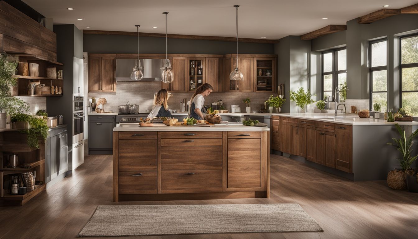 Large all wooden kitchen with a big custom island in the middle