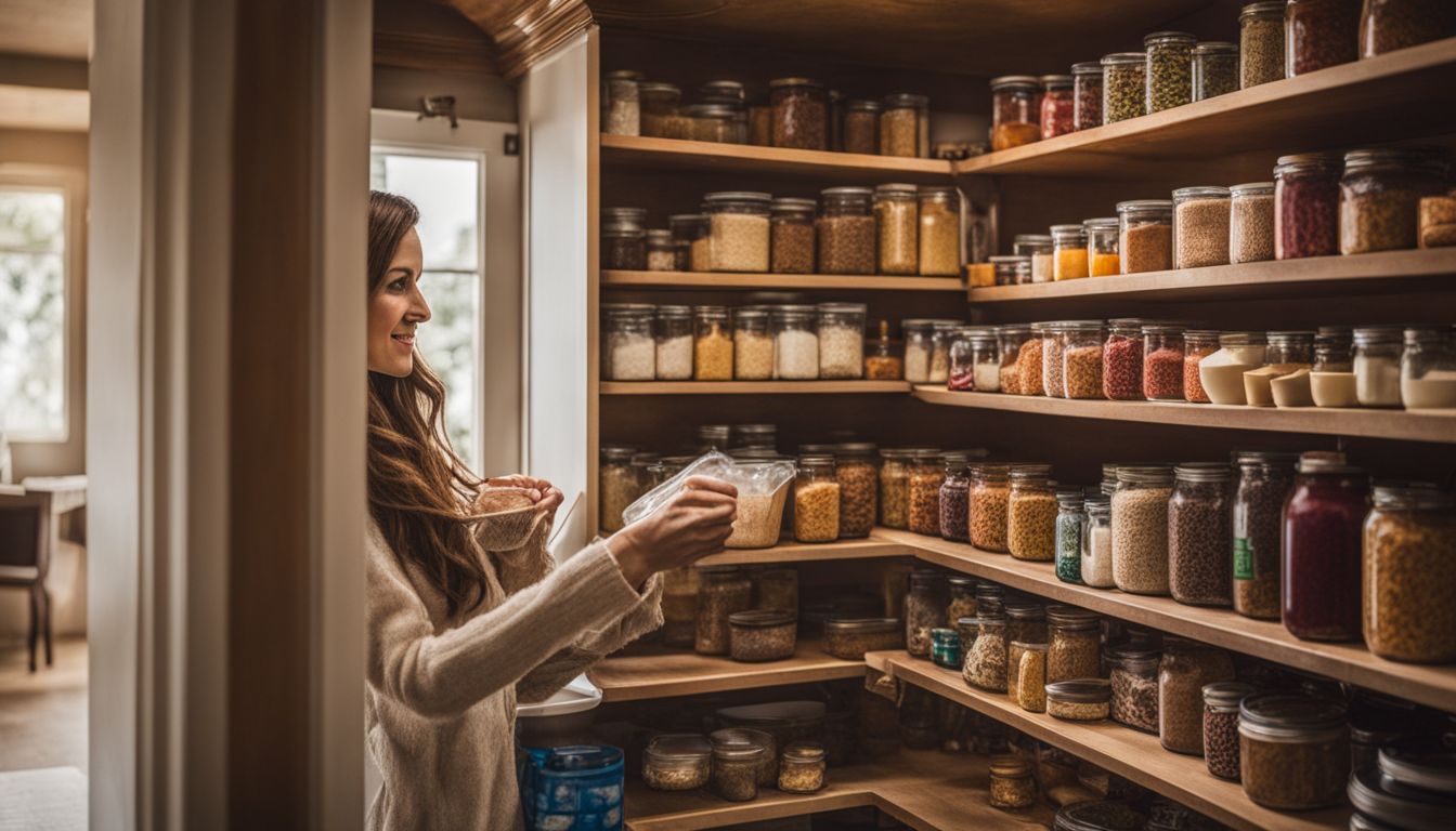 a happy woman in the pantry corner of her kitchen full of jars