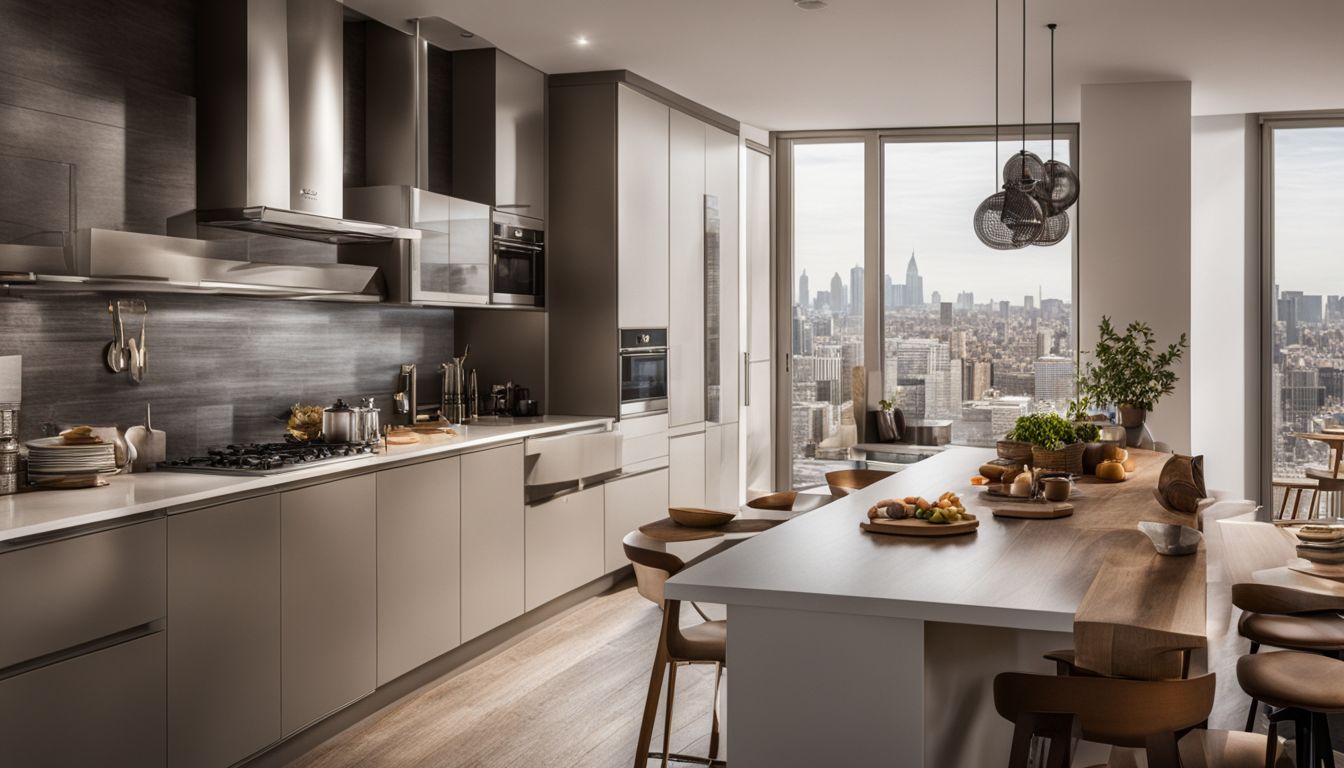 large modern kitchen with sleek cabinetry in a high building